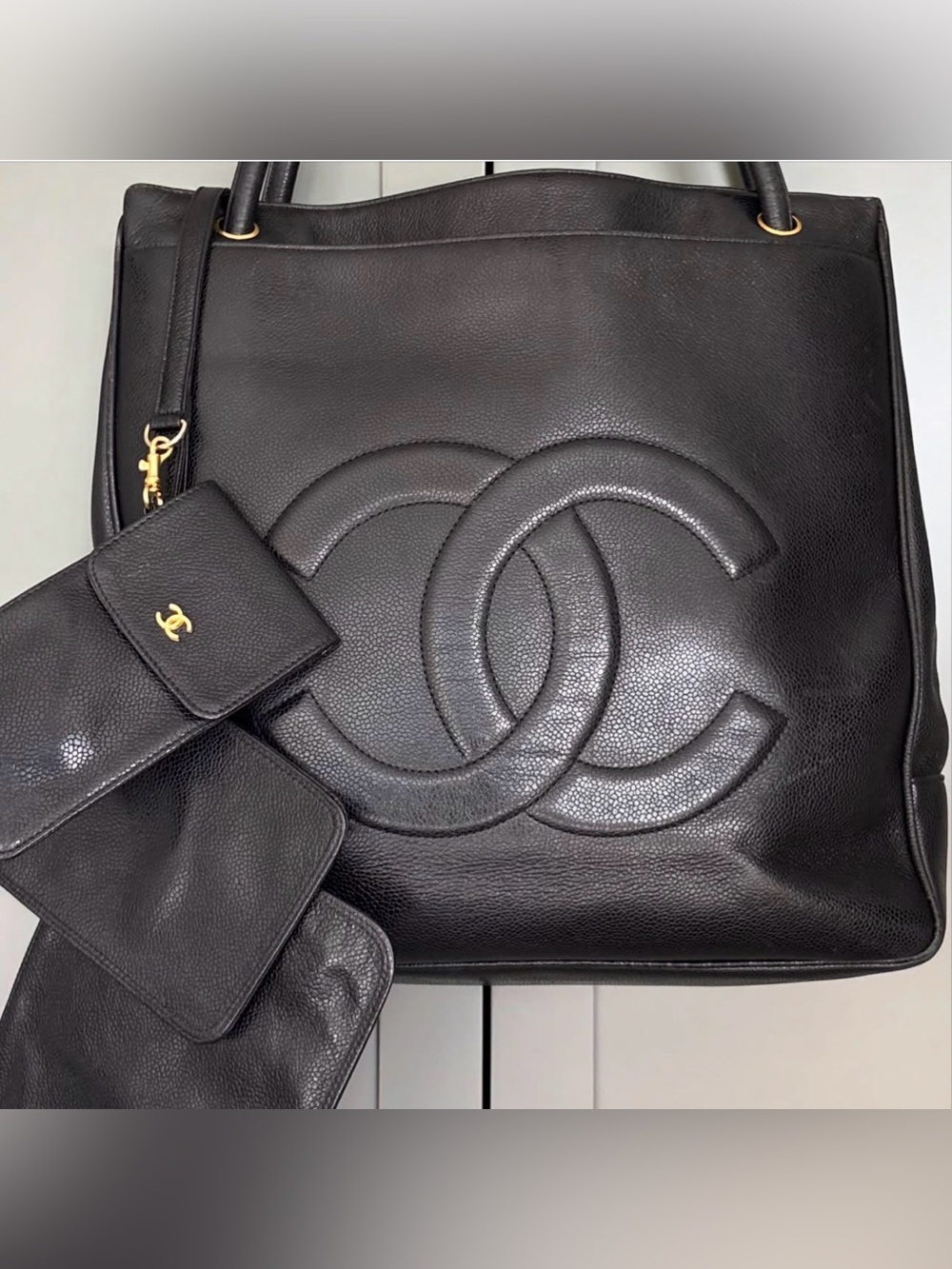 Chanel CC Tote Bag, black caviar leather, large CC logo & THREE original pouches